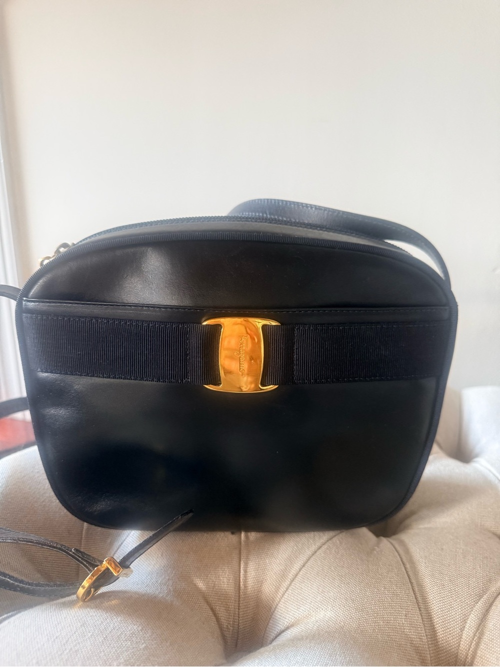 Salvatore Ferragamo Vintage Navy Leather Vara Bow Camera Bag Crossbody